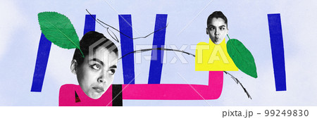 Contemporary art collage. Woman with upset facial expression holding glove puppetry doll. Alter ego concept. Concepts of psycholody, addiction, emotions, character. 99249830