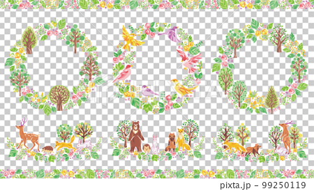 緑の森の木々と小鳥と動物のイラスト丸フレームセット① 99250119