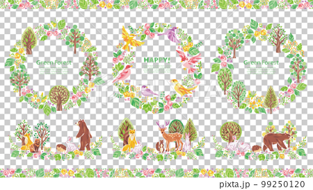 緑の森の木々と小鳥と動物のイラスト丸フレームセット② 99250120