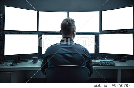 A security guard scans multiple displays from a secure desk in a A security guard scans multiple displays from a secure desk in a 99250708