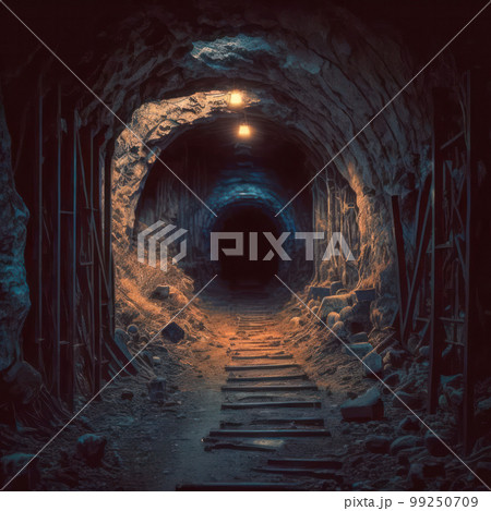 Dark creepy tunnel in an abandoned mine with rusty rail tracks leading into the unknown. Generative AI illustration Dark creepy tunnel in an abandoned mine with rusty rail tracks leading into the unknown. Generative AI illustration 99250709
