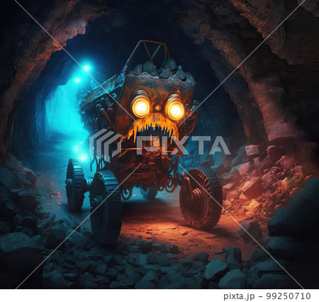 Crazy evil mining cart monster with glowing eyes in spooky aband Crazy evil mining cart monster with glowing eyes in spooky aband 99250710