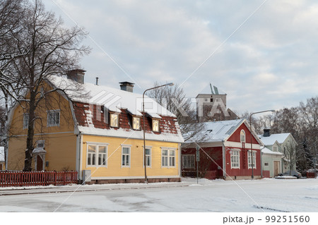 Street view of Turku on a winter day. Old residential houses Street view of Turku on a winter day. Old residential houses 99251560