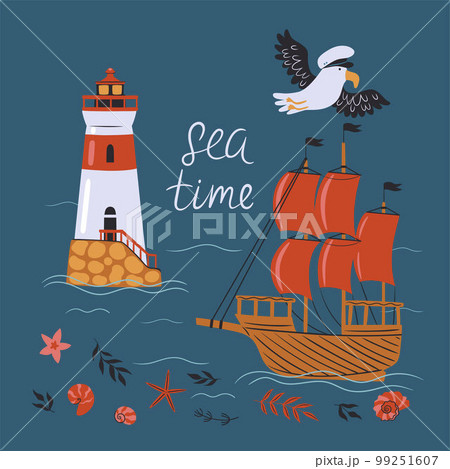 Nautical postcard with cute seagull, ship, lighthouse. Vector graphics. Nautical postcard with cute seagull, ship, lighthouse. Vector graphics. 99251607