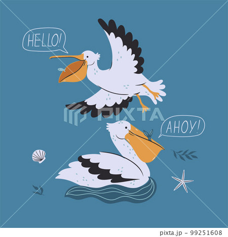 Sea card with cute pelicanso n a blue background.Vector graphics. 99251608