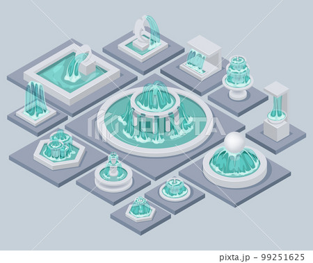Isometric fountain set with outdoor park cascades isolated vector illustration EPS10. Vintage and modern architecture decor with splashing drops. Isometric fountain set with outdoor park cascades isolated vector illustration EPS10. Vintage and modern architecture decor with splashing drops. 99251625