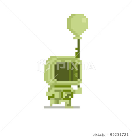 Pixel monochrome astronaut character holding balloon. 99251721