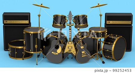 Set of realistic drums with metal cymbals, amplifier and acoustic guitars Set of realistic drums with metal cymbals, amplifier and acoustic guitars 99252453