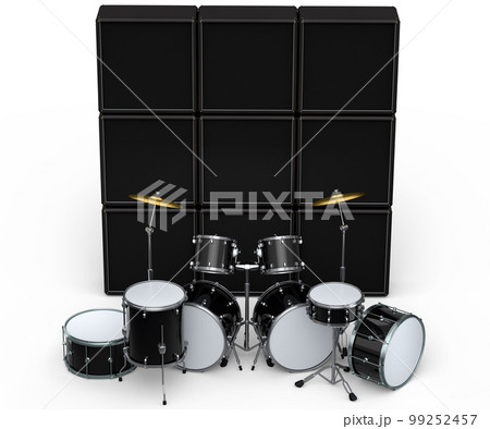 Set of realistic drums with metal cymbals or drumset and amplifier on white 99252457