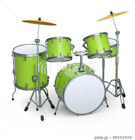 Set of realistic drums with metal cymbals or drumset on white background Set of realistic drums with metal cymbals or drumset on white background 99252474