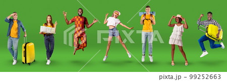 Diverse multiethnic millennial people tourists jumping in the air, collage Diverse multiethnic millennial people tourists jumping in the air, collage 99252663