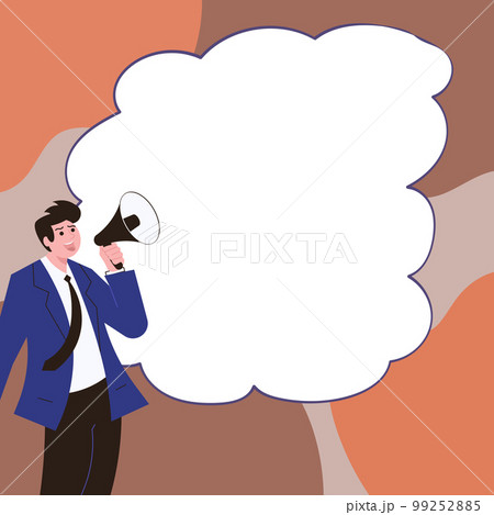 Businessman Presenting Important Information with megaphone. Man Having Sound Device In Hand And Main Information. Critical Announcements Displayed With Drawings Around. 99252885