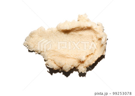 Sugar scrub texture smear isolated on white background. Beauty cosmetic smudge such as salt scrub, lip balm, body skincare cream, top view with shadow. Sugar scrub texture smear isolated on white background. Beauty cosmetic smudge such as salt scrub, lip balm, body skincare cream, top view with shadow. 99253078
