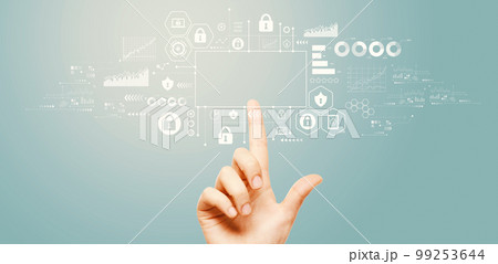 Cyber security theme with hand pressing a button 99253644