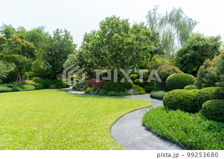 Scenic View of a Beautiful Landscape Garden with a Green Mowed Lawn 99253680