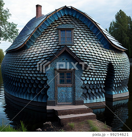 Fantastic fishing house on the river. The house is covered with scales, unusual design, creative building 99254621