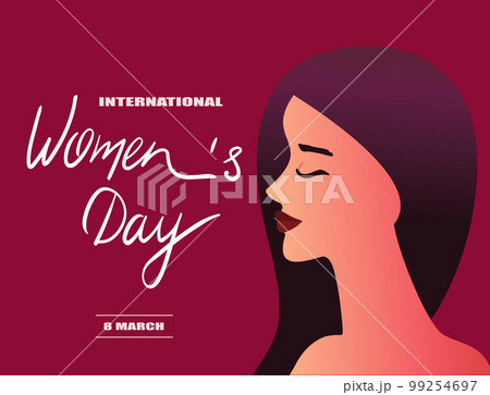 International Women's Day greeting poster. Beautiful woman on burgundy color background. Minimal. Hand drawn text Women's Day. For template, veb, design, cards, poster 99254697