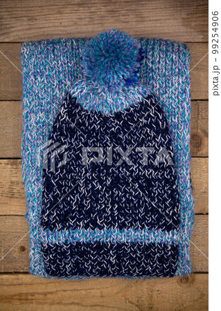 Handmade wool knitted winter blue hat and scarf 99254906