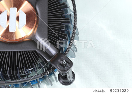 Modern active CPU cooler with the aluminum fin and copper core structure on white background isolate 99255029
