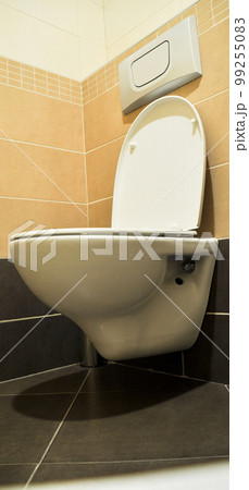 White and clean toilet in beige and gray ceramic toilet 99255083