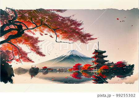 Japanese landscape. Sakura, fuki mountain, temple 99255302