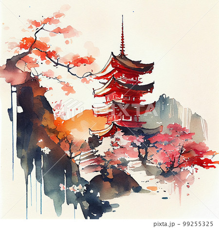 Japanese landscape. Sakura, fuki mountain, temple 99255325