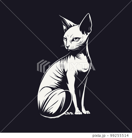 White silhouette of sitting sphynx hairless cat on black isolated background. Kitty logo vector illustration.  99255514