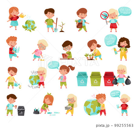 Kid Characters Saving Nature Sorting Garbage and Planting Big Vector Set 99255563