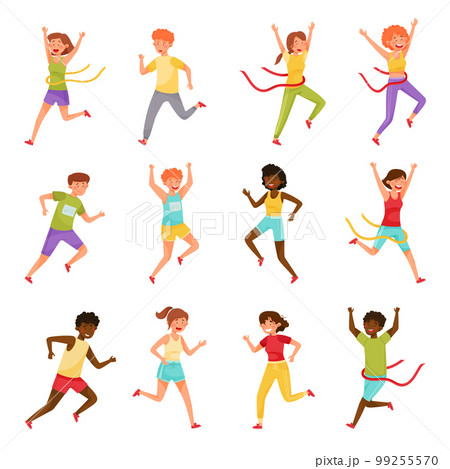 People Characters Running Marathon Sprinting Moving Forward Big Vector Set 99255570