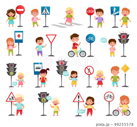 Traffic Road Education with School Kids Learning Safety Rules Big Vector Set 99255578