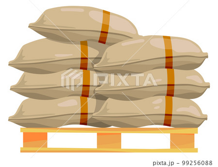 Pallet with grain bags. Flour storage. Rice sacks cargo 99256088