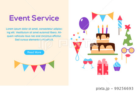 Event service web page with text space button. Birthday party carnival festival celebration banner or background with fun colorful flat elements cake present balloons cupcake candy vector illustration 99256693