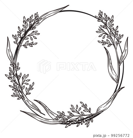 Retro round border with floral branch. Hand drawn botany Retro round border with floral branch. Hand drawn botany 99256772