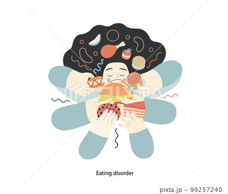 Mental disorders illustration. Eating disorder - modern flat vector illustration of a woman stuffing herself meeting with a stress experience. People emotional, psychological, mental traumas concept Mental disorders illustration. Eating disorder - modern flat vector illustration of a woman stuffing herself meeting with a stress experience. People emotional, psychological, mental traumas concept 99257240