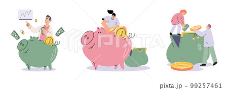 Businessman holds piggy bank collects dollar coins for good financial investment. Personal budget 99257461