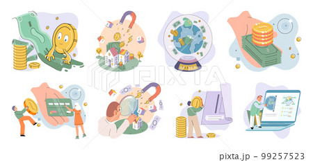 Successful money investment. Calculating corporate budget, analyzing finance report, savings big set 99257523