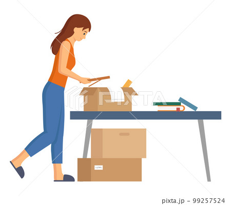 Relocation and move to new house concept. Young female character moving into new family home 99257524