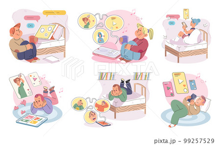 Children at home with phones and tablets set. Kids remote education, toddlers use smart technologies 99257529