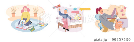 Children at home with phones and tablets set. Kids remote education, toddlers use smart technologies 99257530