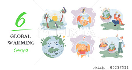 Global warming 6 concepts set. long-term increase in average temperature of Earths climate system 99257531
