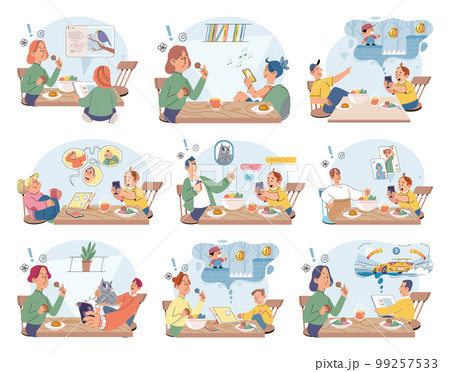 Children at home with phones and tablets set. Kids remote education, toddlers use smart technologies 99257533