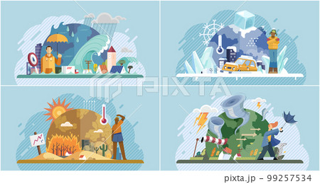 Extreme weather conditions. Natural disasters cartoon vector set. Catastrophe and cataclysm 99257534