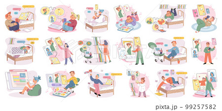 Children at home with phones and tablets set. Kids remote education, toddlers use smart technologies 99257582