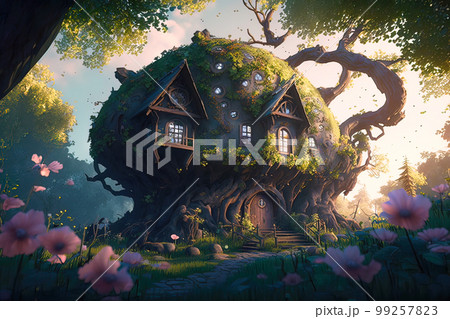 Fantasy house in magic forest, fairytale habitation in tree trunk, generative AI. 99257823
