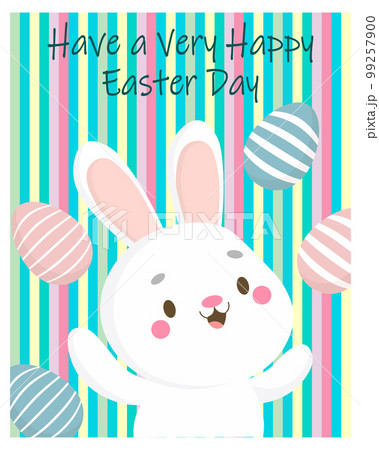 Cute Easter Bunny with eggs on a striped background. Greeting card, holiday poster, cartoon children's style, vector. 99257900