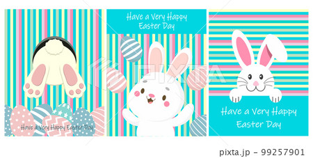 Cute Easter Bunny with eggs on a striped background. Set of postcards, stickers, cartoon children's style, vector. 99257901