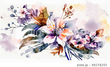 Oil flower painting, botanic print on canvas, greeting card, nature concept. Generated AI. 99258205