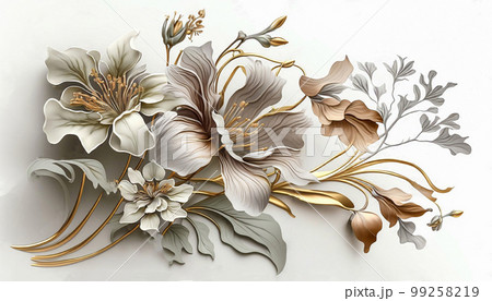 Oil flower painting, botanic print on canvas, greeting card, nature concept. Generated AI. 99258219