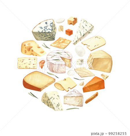 Watercolor different cheese round frame template. Hand draw circle card background with food objects on isolated white. Drink for food menu, cafe, wine list, label, banner, flyer, brochure 99258255