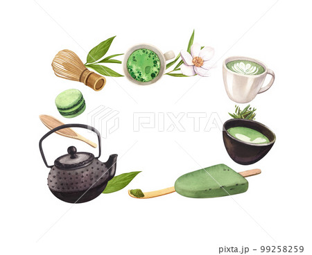 Watercolor frame with green tea matcha. Japanese tea ceremony hand-drawn illustration isolated on white background. Perfect food menu, concept for cafe, restaurant element, recipe book, cooking. 99258259